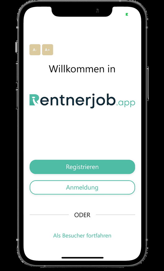 Rentnerjob.app Startscreen mit Registrierung und Anmeldung